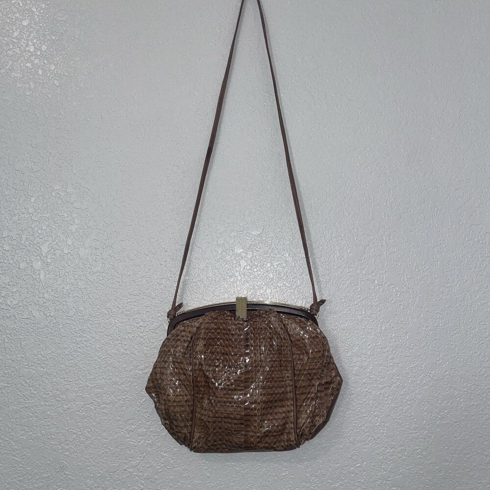Vtg ROEL Handbag Brown Snake Animal Print Shoulder Bag Purse Clutch Classic